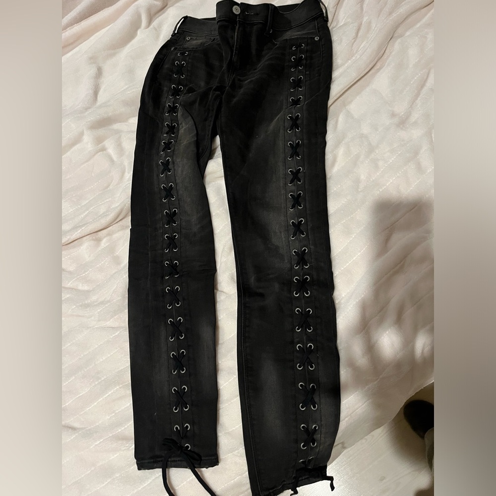 Express mid rise ankle legging denim with lace up detail